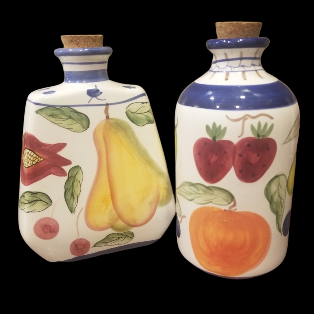Two Rare Jay Import Ceramic Decanters Vases 9" w/Cork Vase Colorful Canisters